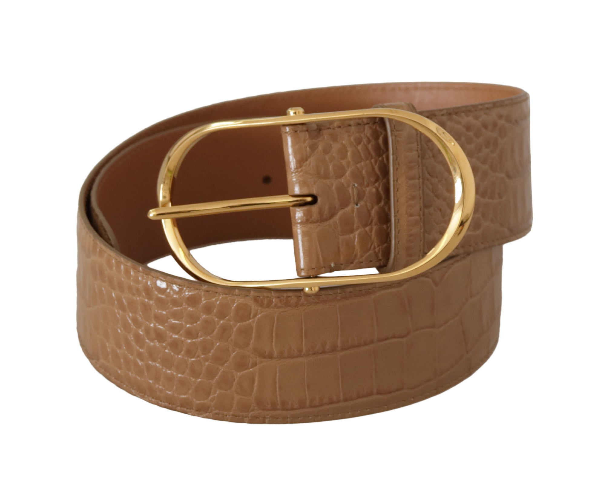 Dolce & Gabbana Brown Beige Leather Gold Metal Oval Buckle Belt Dolce & Gabbana
