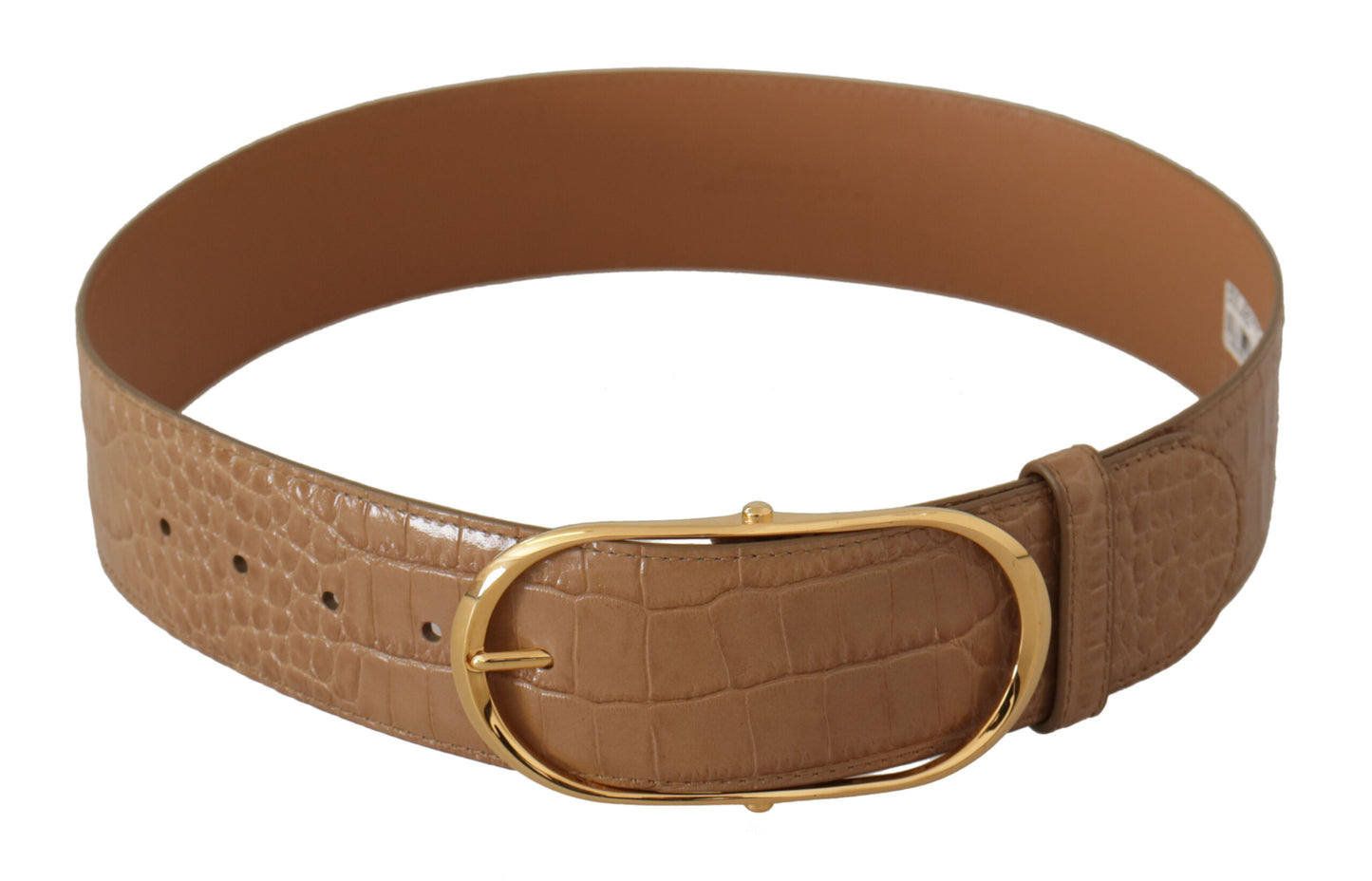 Dolce & Gabbana Brown Beige Leather Gold Metal Oval Buckle Belt Dolce & Gabbana