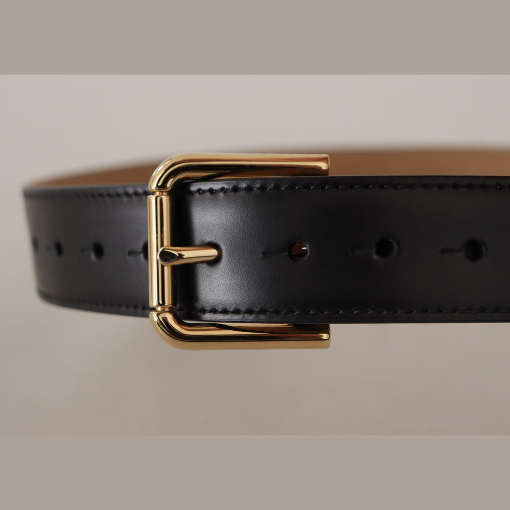 Dolce & Gabbana Black Solid Leather Classic Gold Waist Buckle Belt