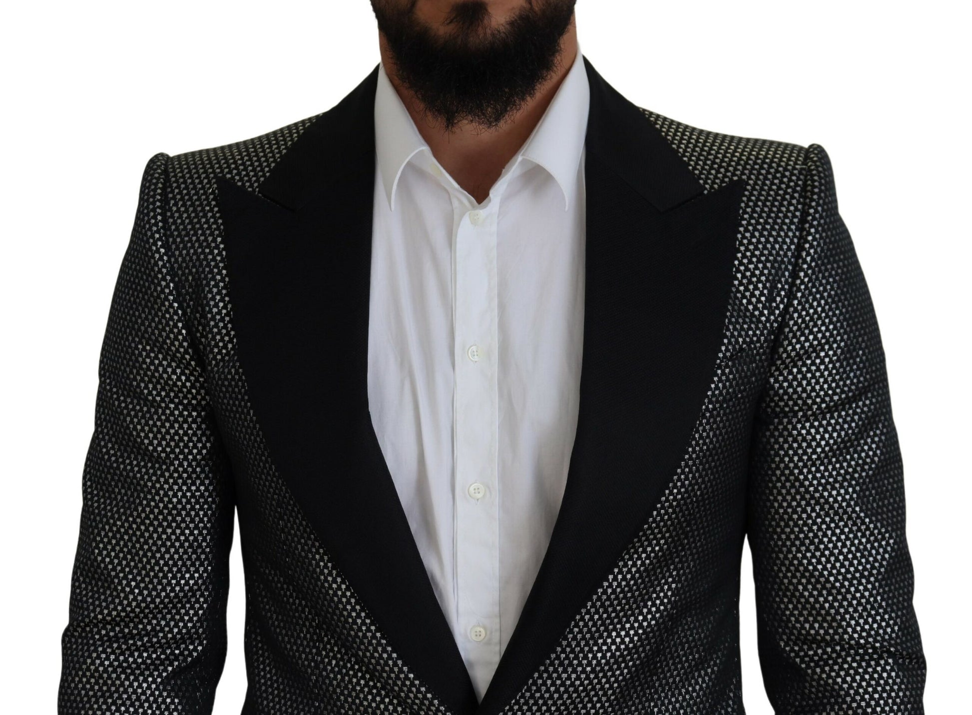 Dolce & Gabbana Black Silver Jacquard Slim Fit Jacket Blazer Dolce & Gabbana