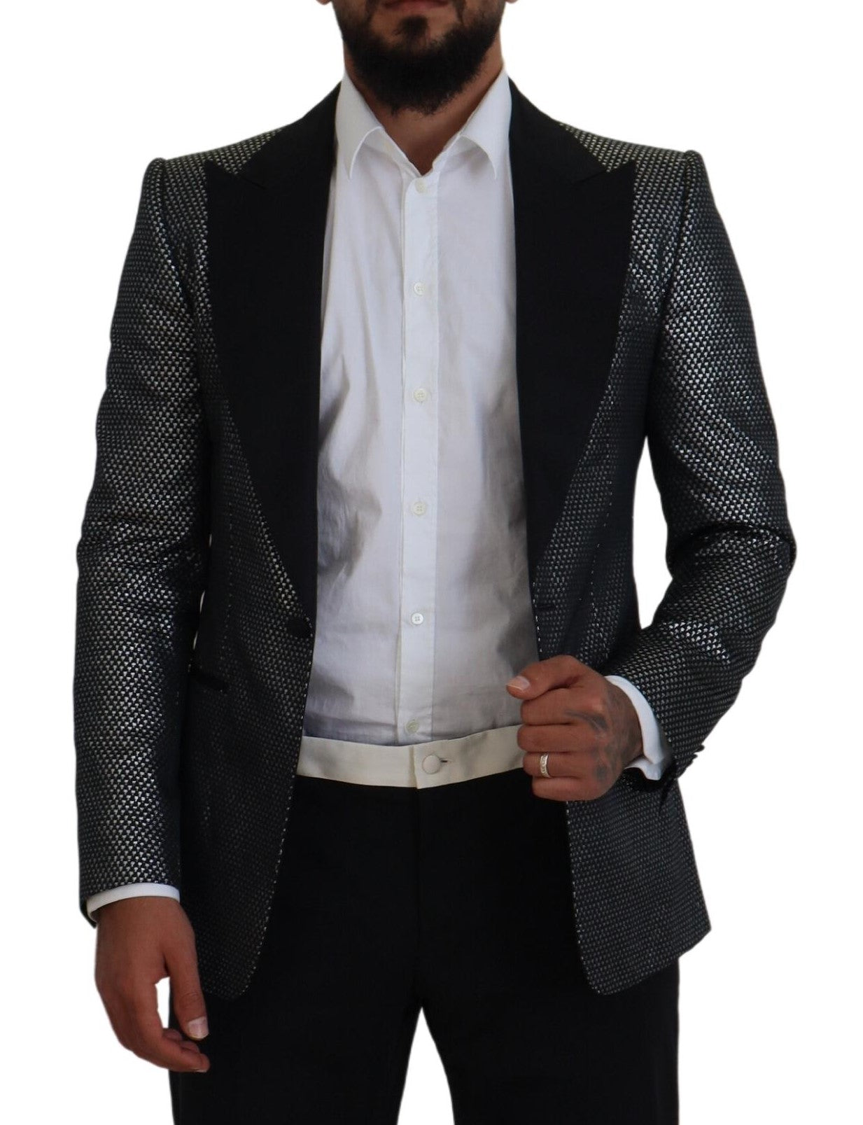 Dolce & Gabbana Black Silver Jacquard Slim Fit Jacket Blazer Dolce & Gabbana