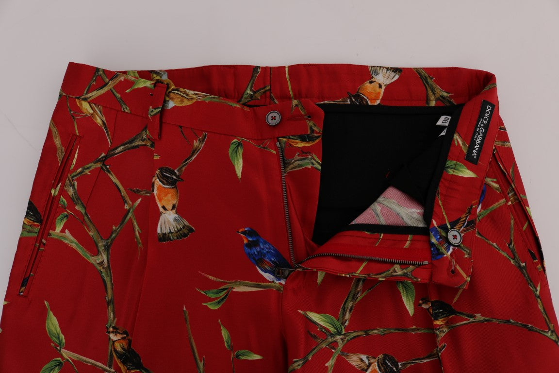 Dolce & Gabbana Red Silk Bird Print Dress Pants
