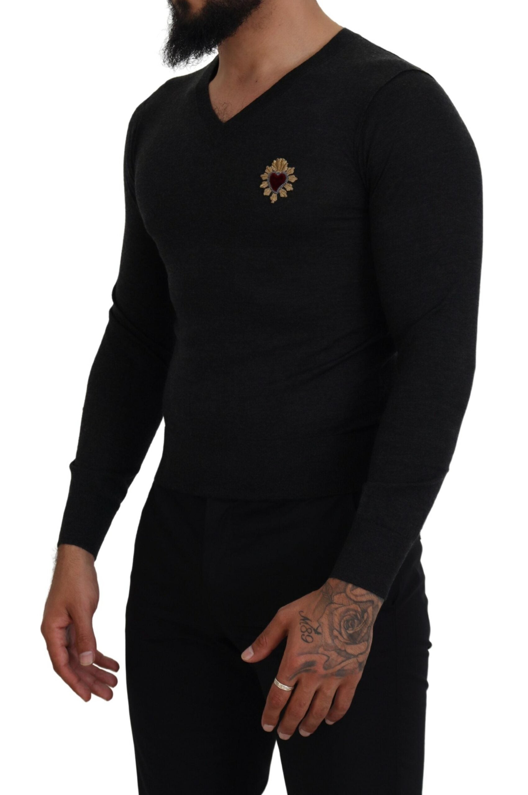 Dolce & Gabbana Gray Cashmere V-neck Gold Heart Sweater Dolce & Gabbana