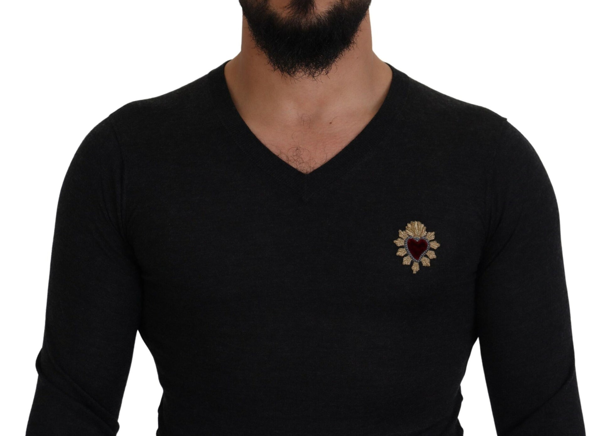Dolce & Gabbana Gray Cashmere V-neck Gold Heart Sweater Dolce & Gabbana