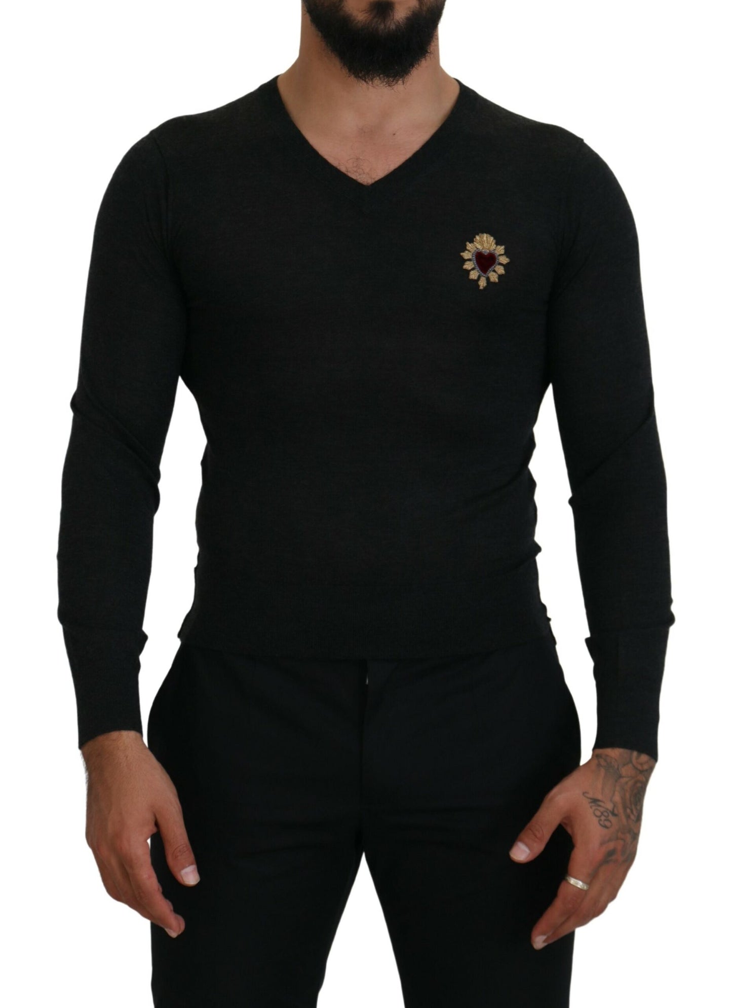 Dolce & Gabbana Gray Cashmere V-neck Gold Heart Sweater Dolce & Gabbana