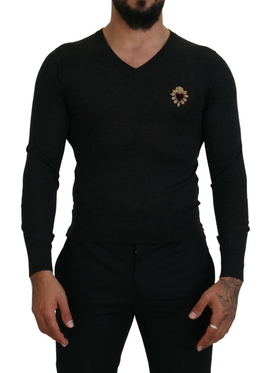 Dolce & Gabbana Gray Cashmere V-neck Gold Heart Sweater Dolce & Gabbana