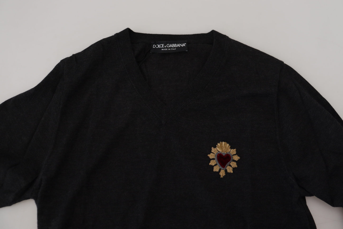 Dolce & Gabbana Gray Cashmere V-neck Gold Heart Sweater Dolce & Gabbana
