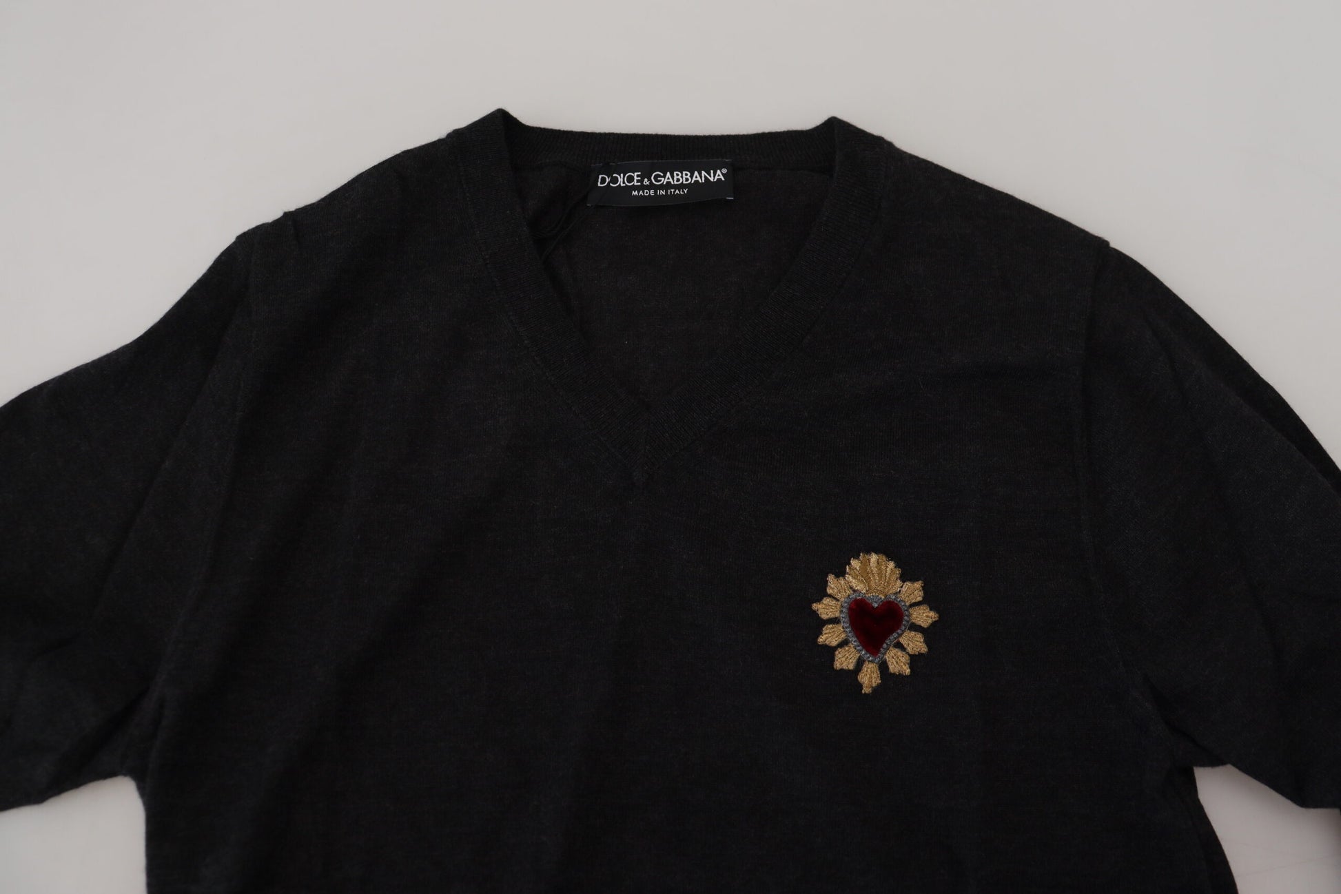 Dolce & Gabbana Gray Cashmere V-neck Gold Heart Sweater Dolce & Gabbana