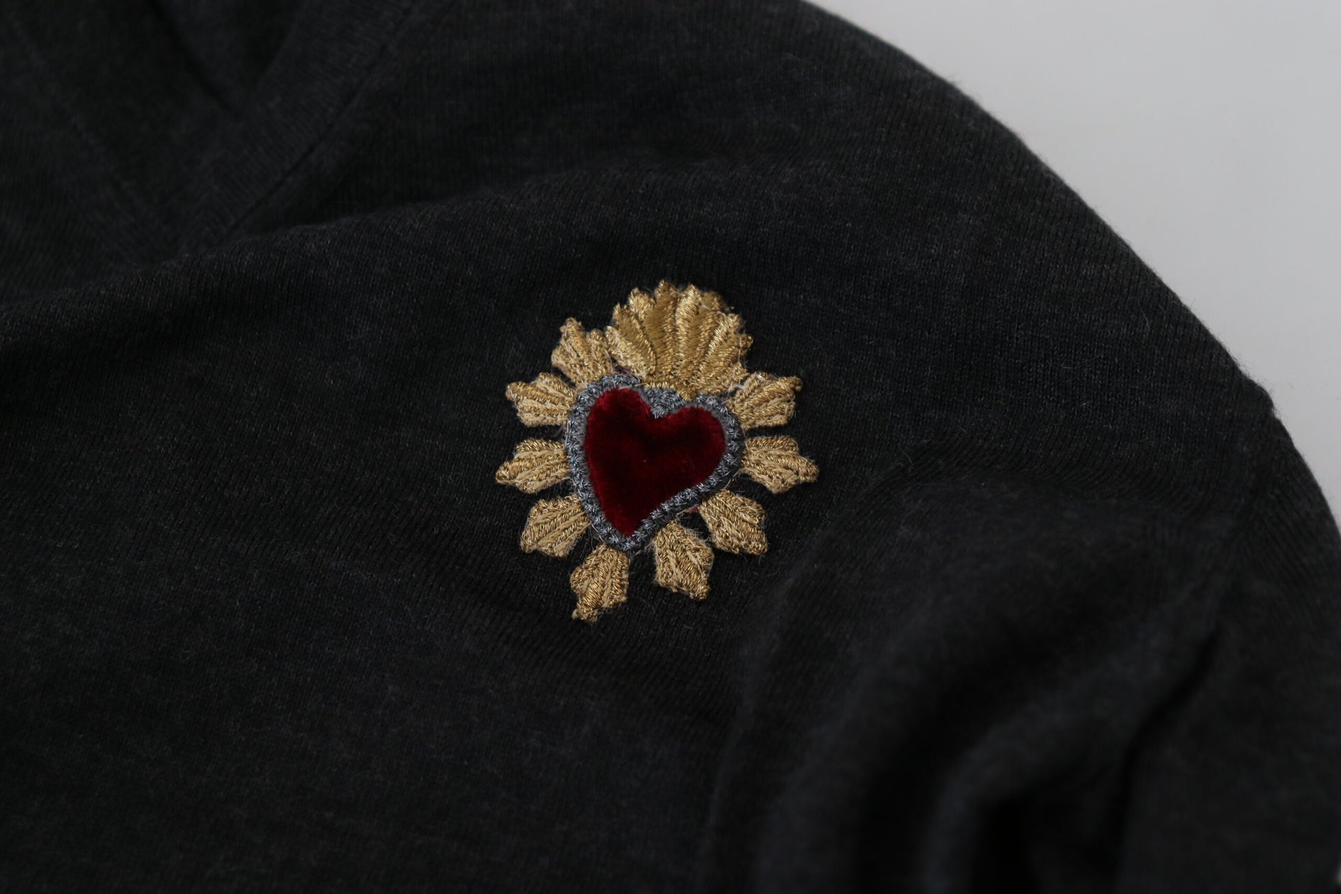 Dolce & Gabbana Gray Cashmere V-neck Gold Heart Sweater Dolce & Gabbana