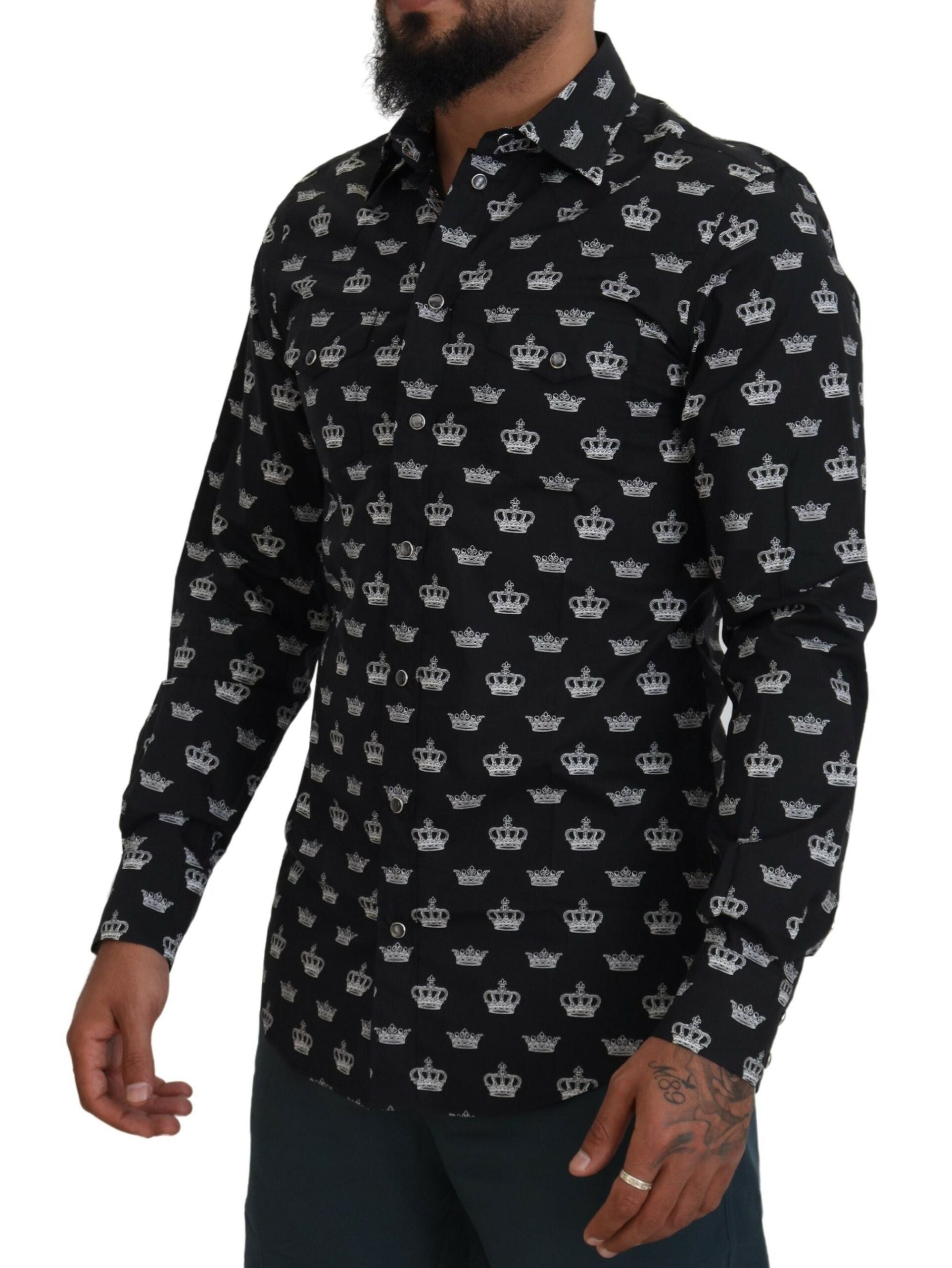 Dolce & Gabbana Black Crown Print GOLD Slim Shirt Dolce & Gabbana