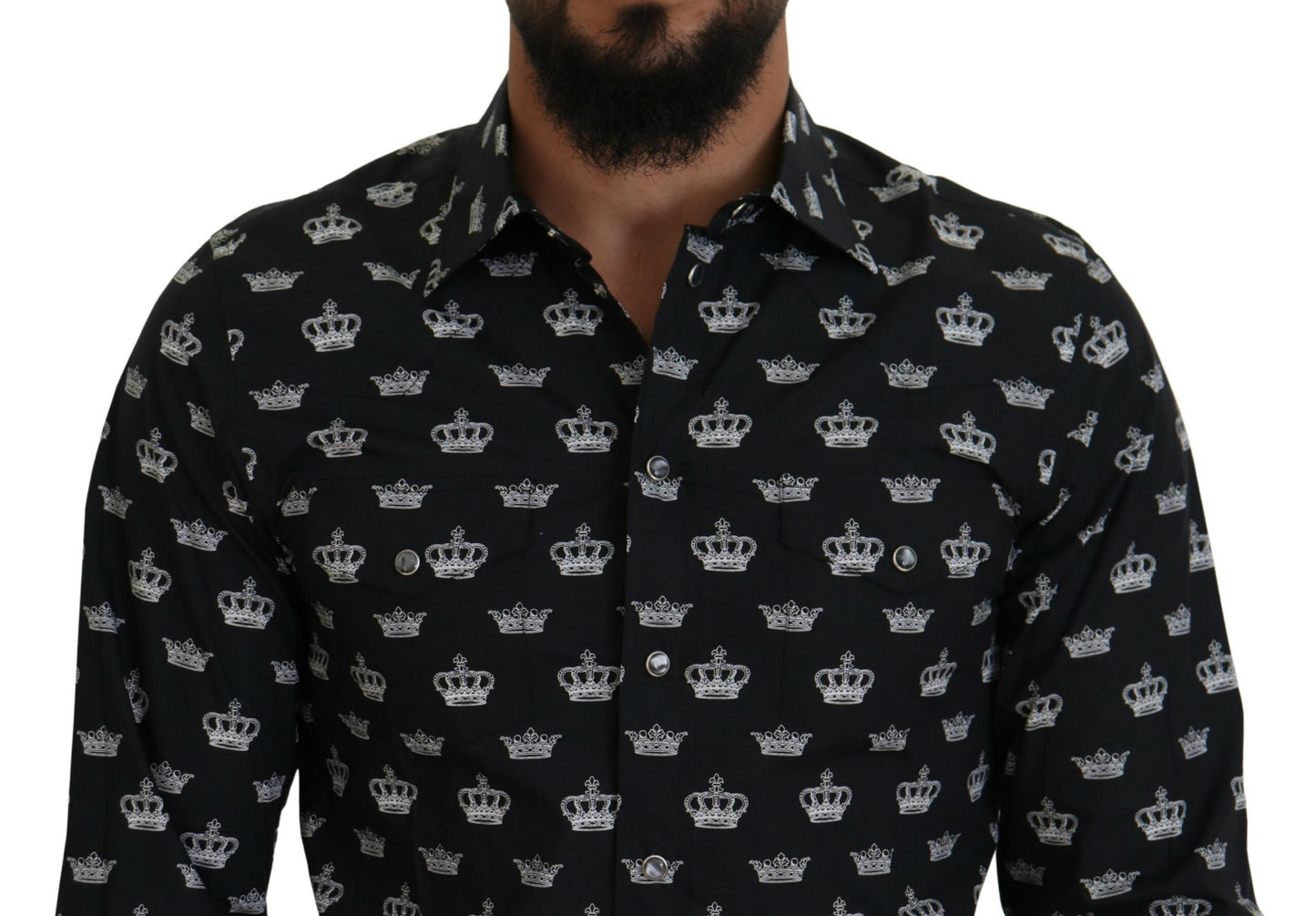 Dolce & Gabbana Black Crown Print GOLD Slim Shirt Dolce & Gabbana