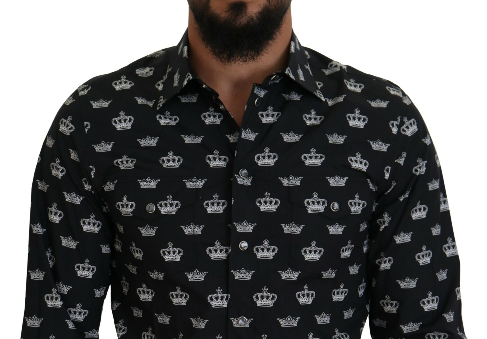 Dolce & Gabbana Black Crown Print GOLD Slim Shirt Dolce & Gabbana
