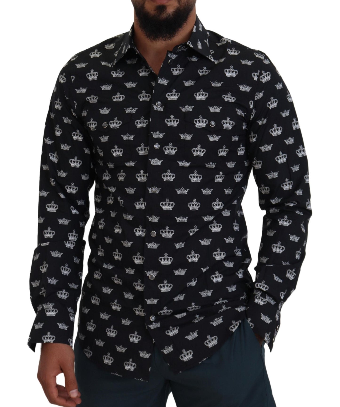 Dolce & Gabbana Black Crown Print GOLD Slim Shirt Dolce & Gabbana