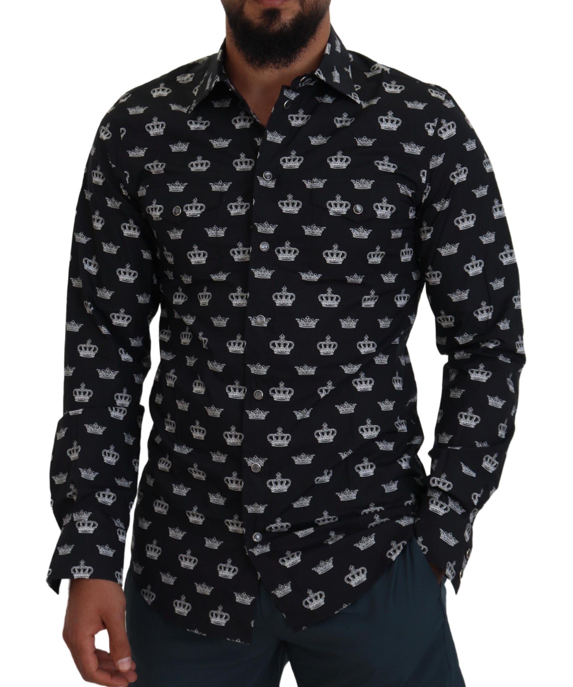 Dolce & Gabbana Black Crown Print GOLD Slim Shirt Dolce & Gabbana