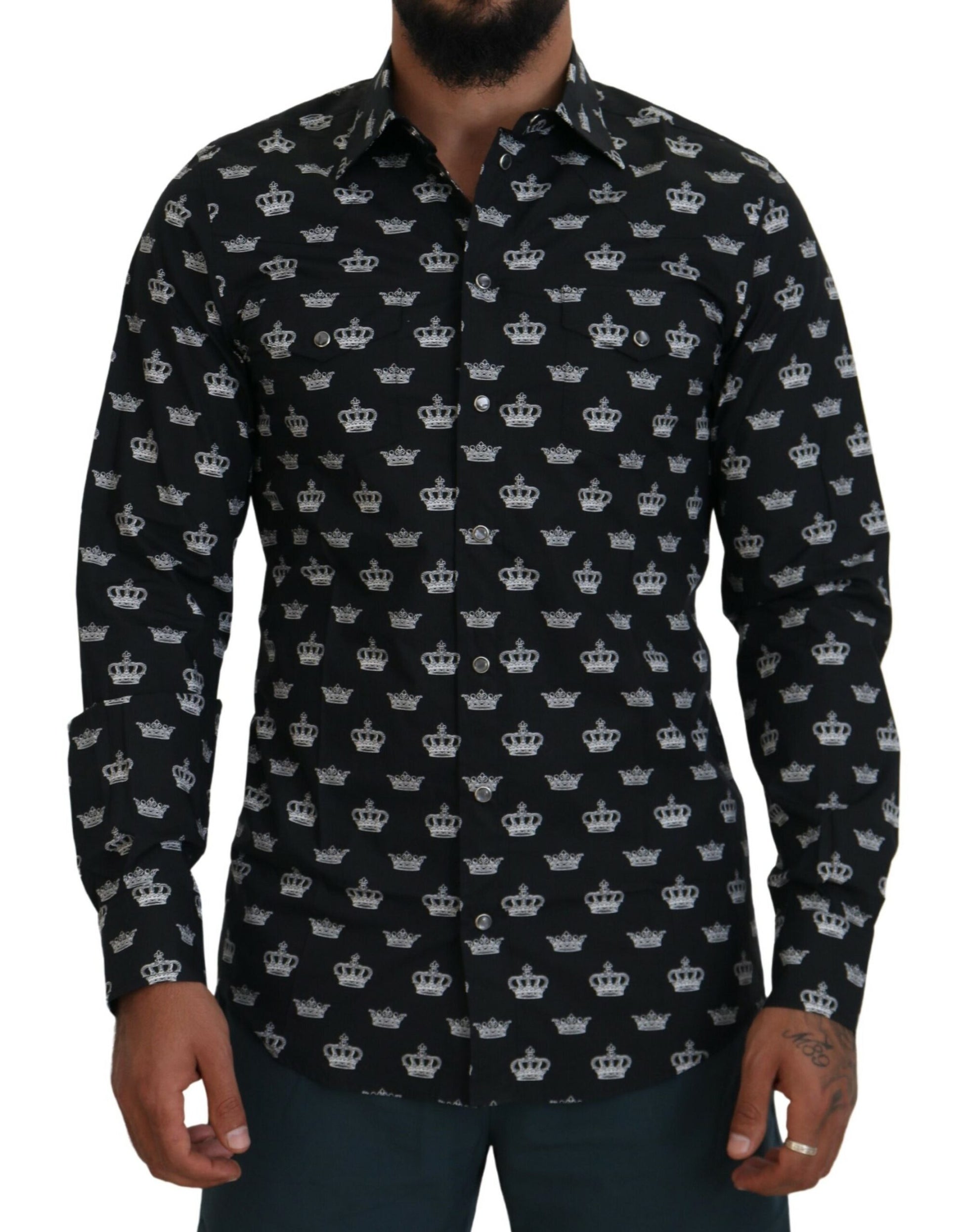Dolce & Gabbana Black Crown Print GOLD Slim Shirt Dolce & Gabbana