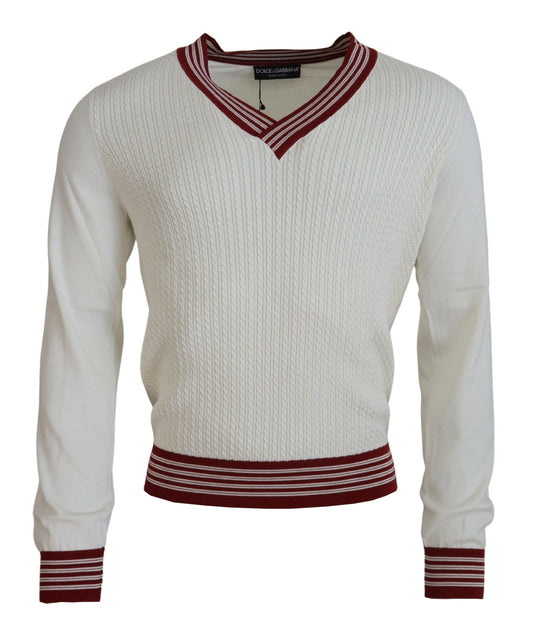 Dolce & Gabbana White Red Knitted V-neck Pullover Sweater Dolce & Gabbana