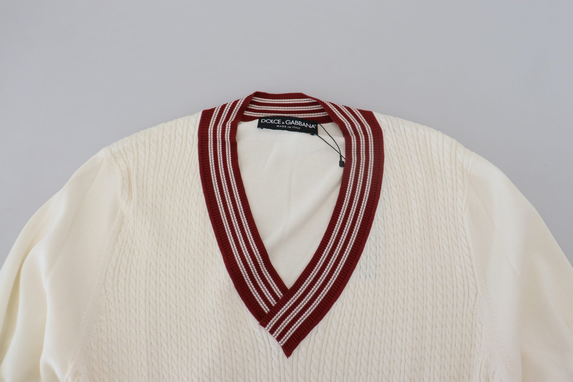 Dolce & Gabbana White Red Knitted V-neck Pullover Sweater Dolce & Gabbana