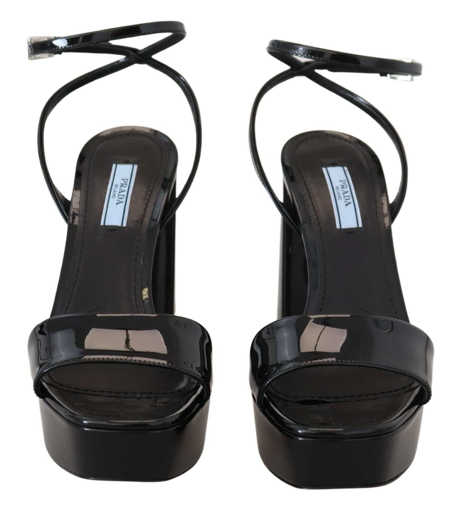 Prada Black Patent Sandals Ankle Strap Heels Leather Prada