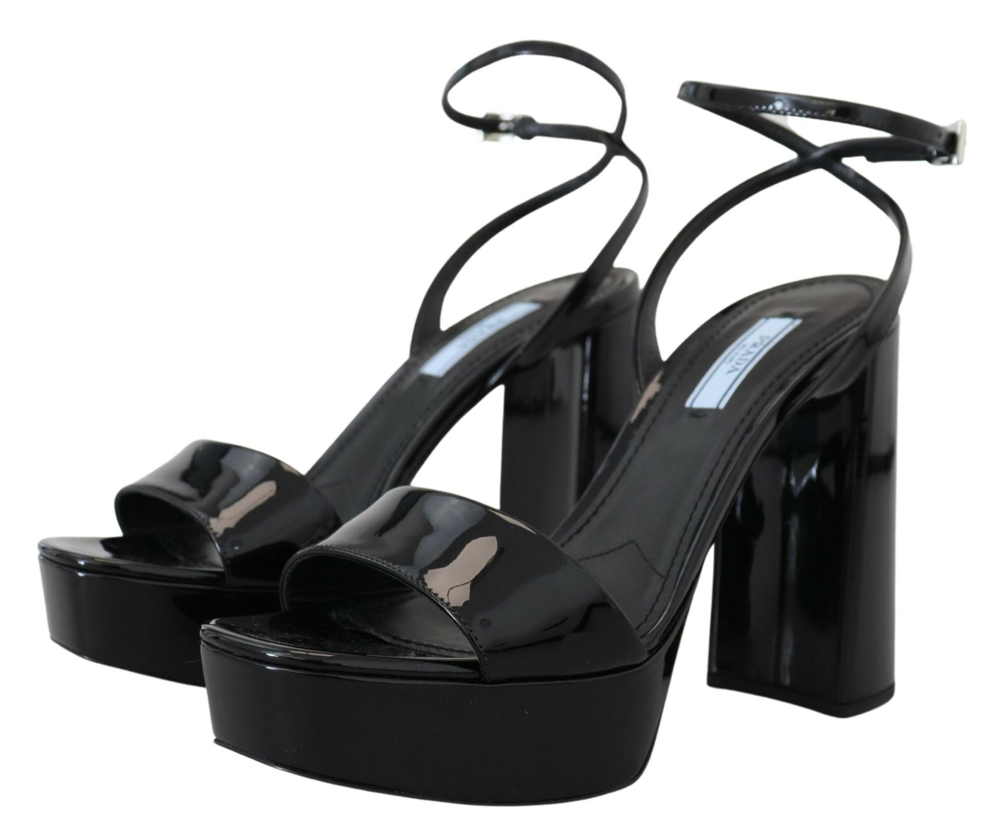 Prada Black Patent Sandals Ankle Strap Heels Leather Prada