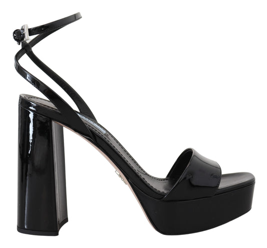 Prada Black Patent Sandals Ankle Strap Heels Leather Prada