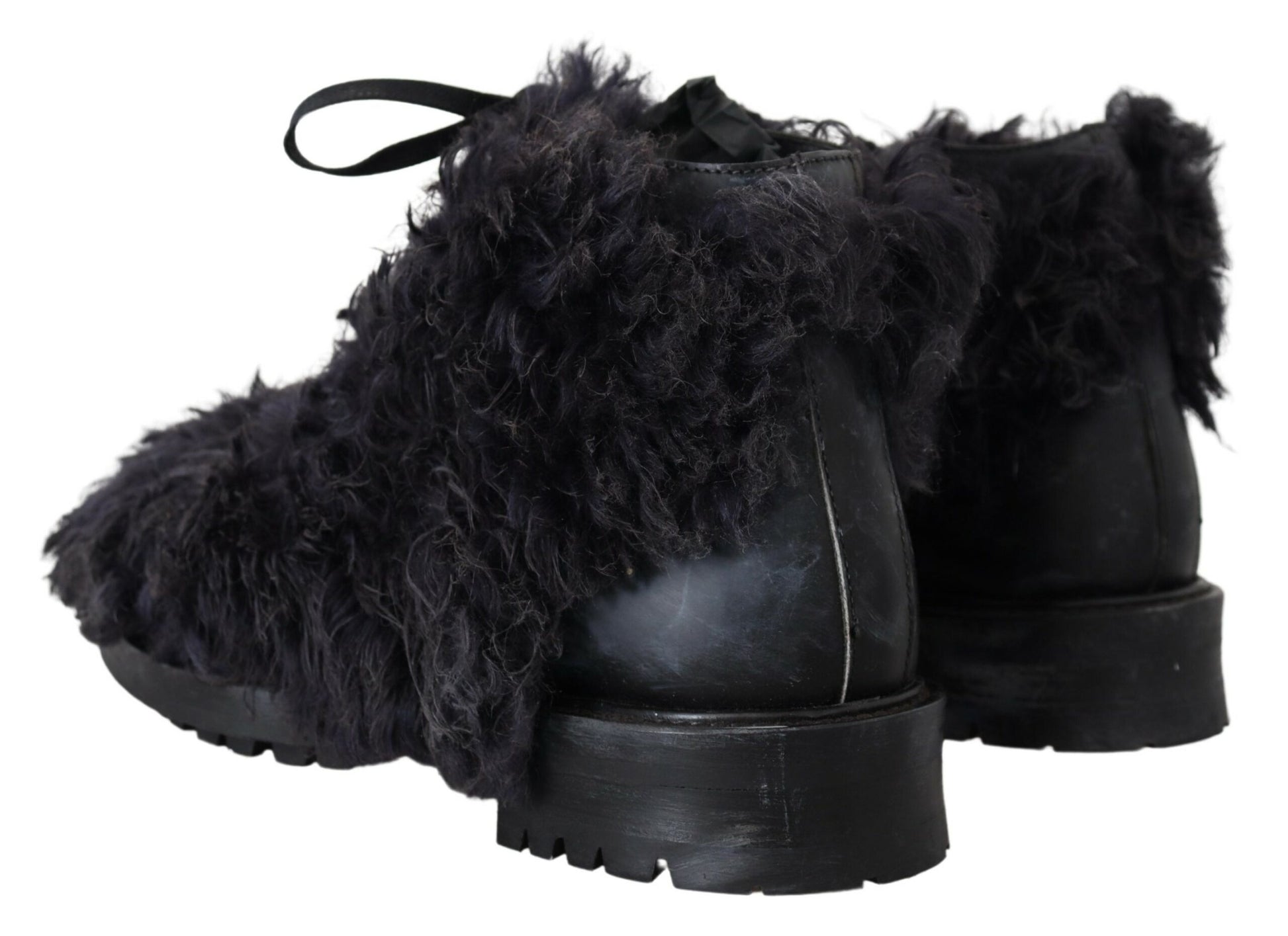 Dolce & Gabbana Black Leather Combat Shearling Boots Shoes Dolce & Gabbana