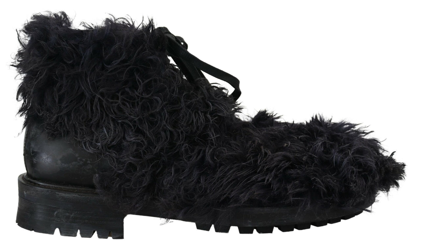Dolce & Gabbana Black Leather Combat Shearling Boots Shoes Dolce & Gabbana