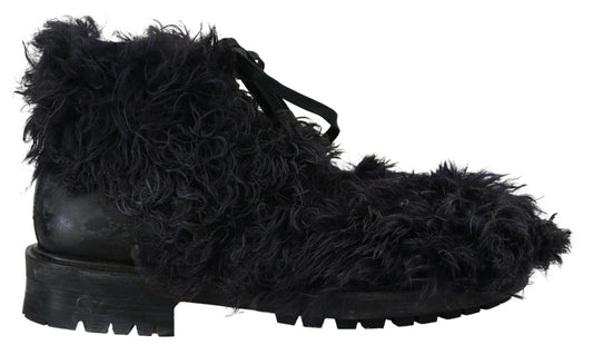 Dolce & Gabbana Black Leather Combat Shearling Boots Shoes Dolce & Gabbana
