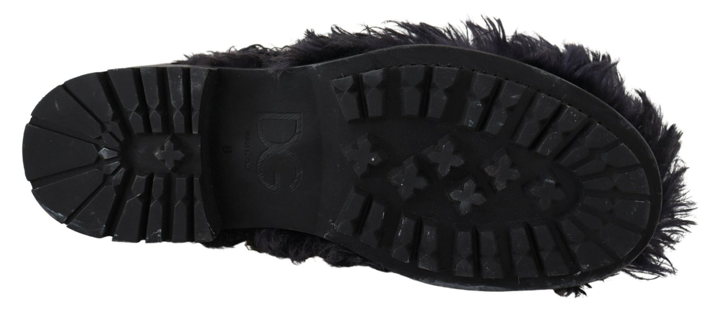 Dolce & Gabbana Black Leather Combat Shearling Boots Shoes Dolce & Gabbana