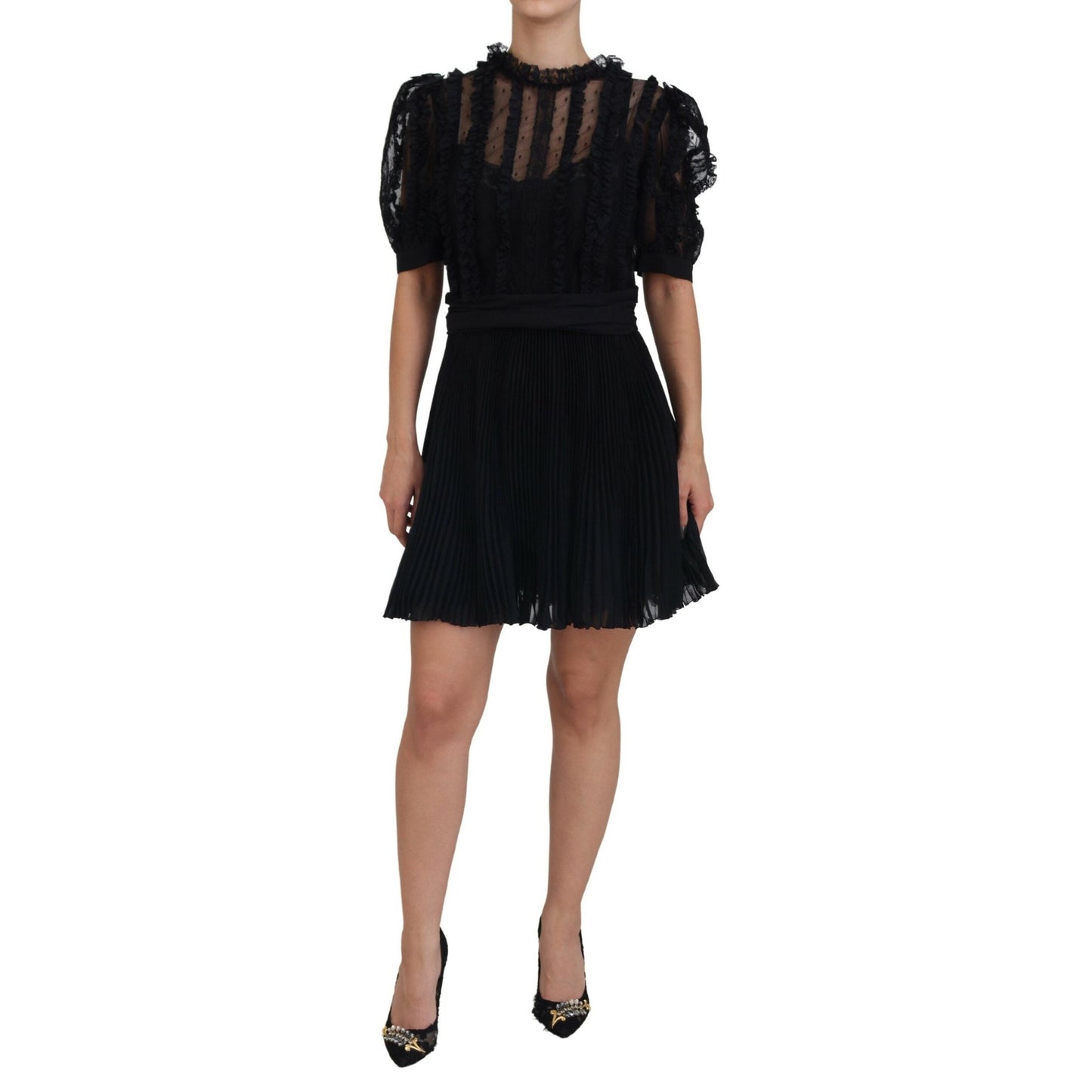 Dolce & Gabbana Black Lace Trim A-line Mini Nylon Dress