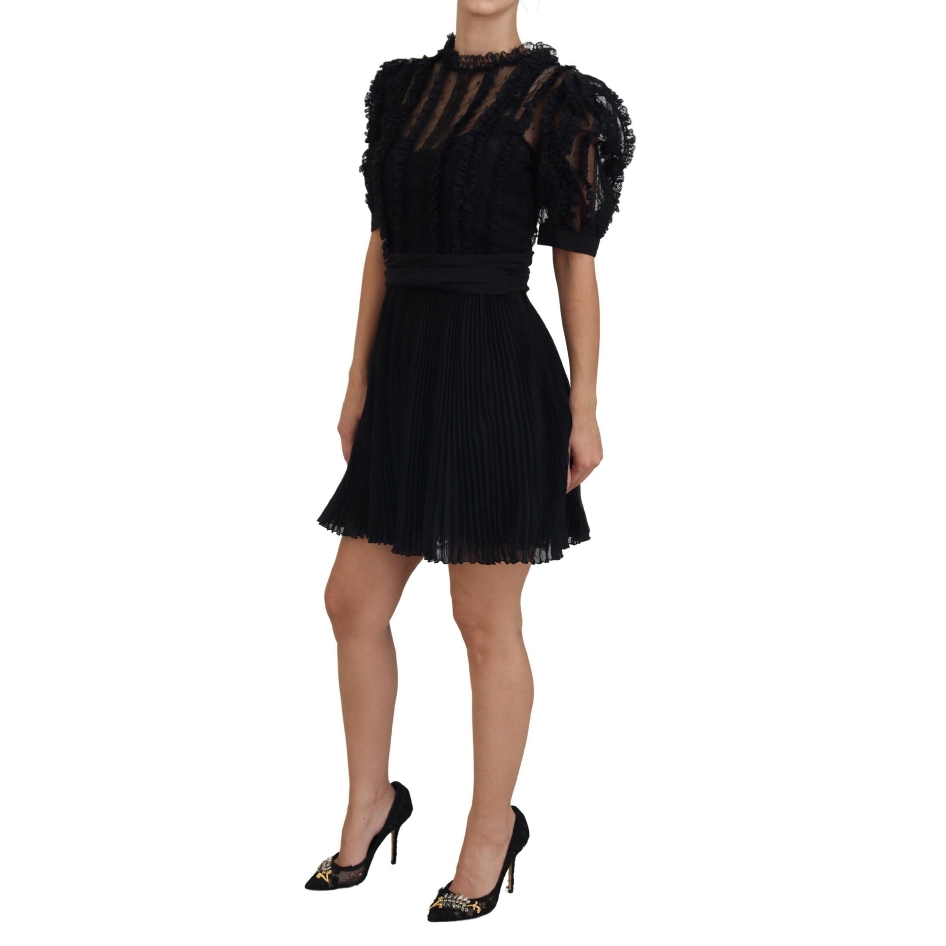 Dolce & Gabbana Black Lace Trim A-line Mini Nylon Dress