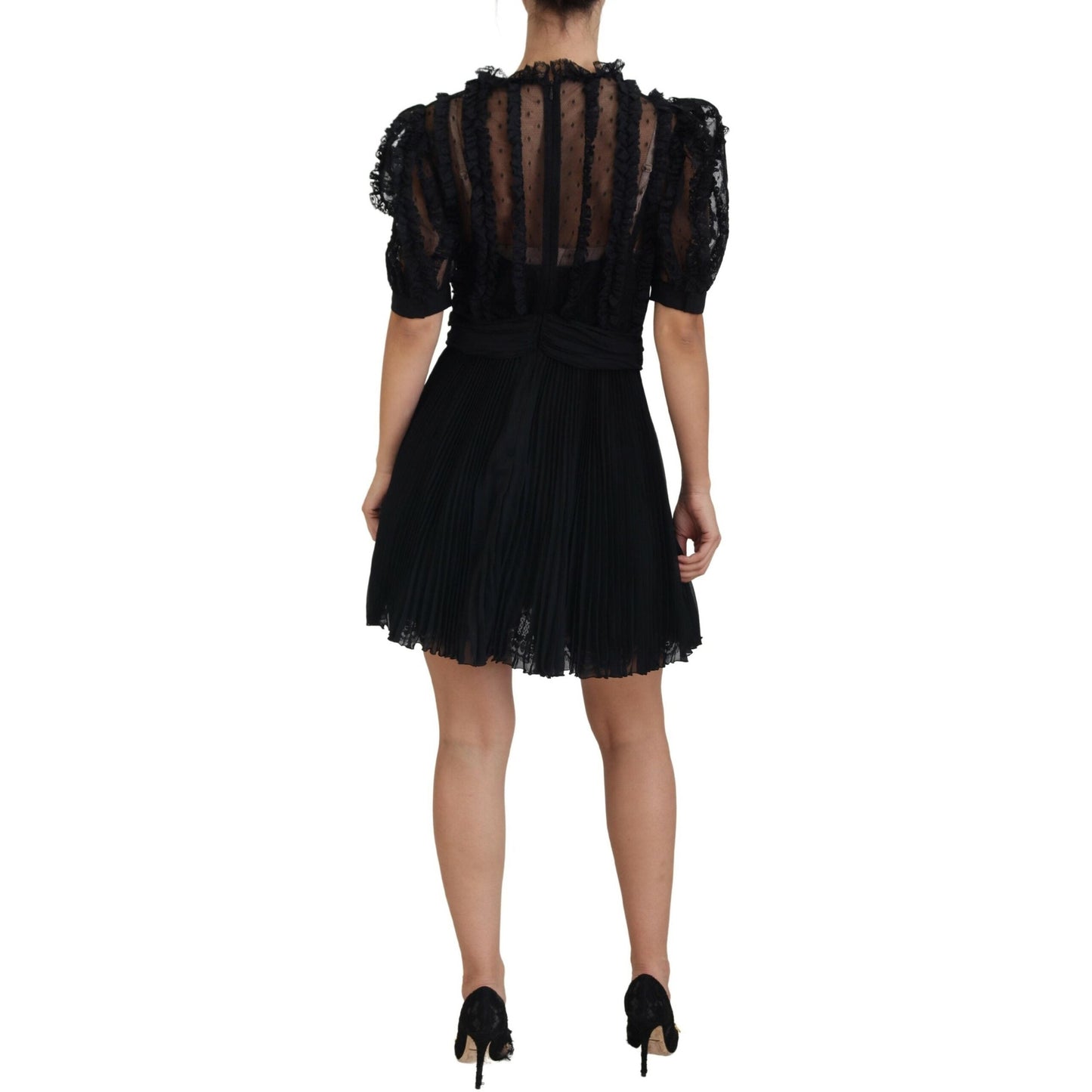 Dolce & Gabbana Black Lace Trim A-line Mini Nylon Dress