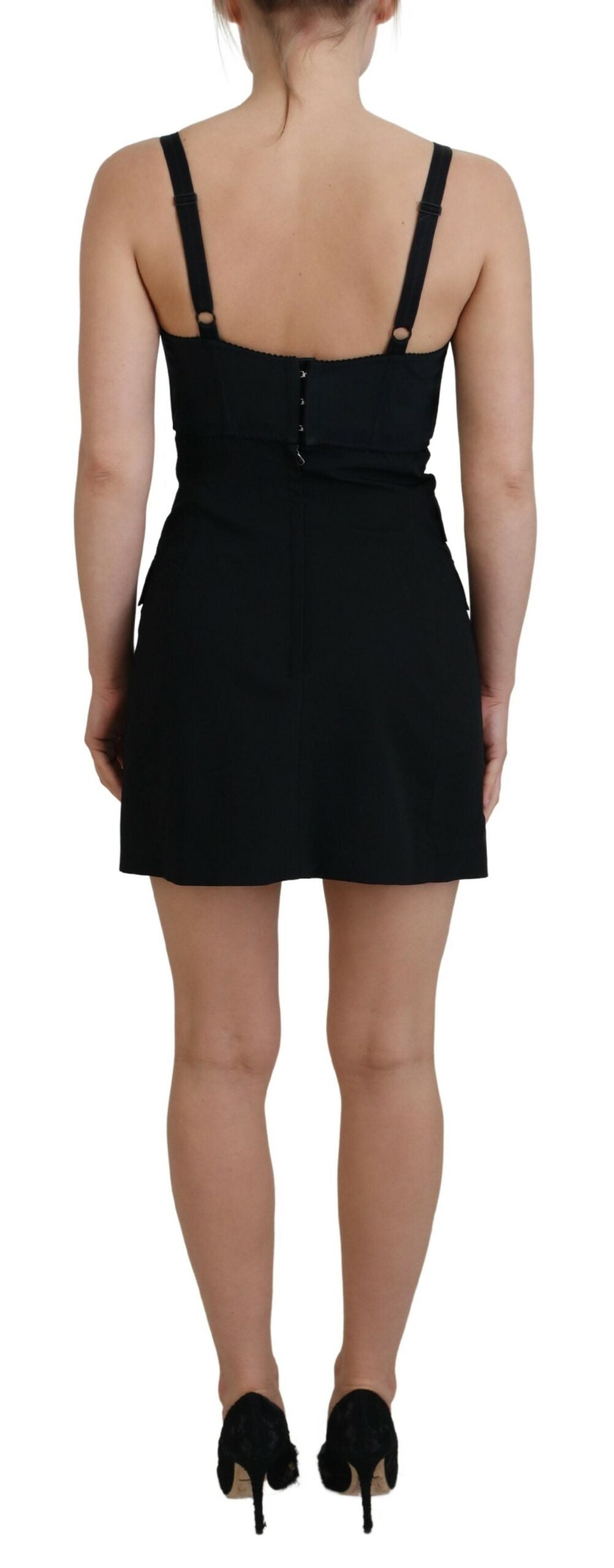 Black Dolce & Gabbana fit wool stretch sheath mini dress displayed on a mannequin, showcasing its sleek design and tailored fit.