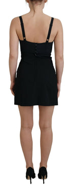 Black Dolce & Gabbana fit wool stretch sheath mini dress displayed on a mannequin, showcasing its sleek design and tailored fit.