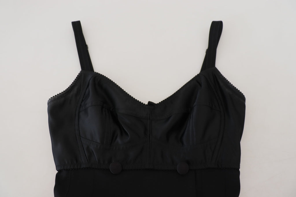Dolce & Gabbana black wool stretch sheath mini dress, fitted design, sleeveless with a high neckline and sleek silhouette.