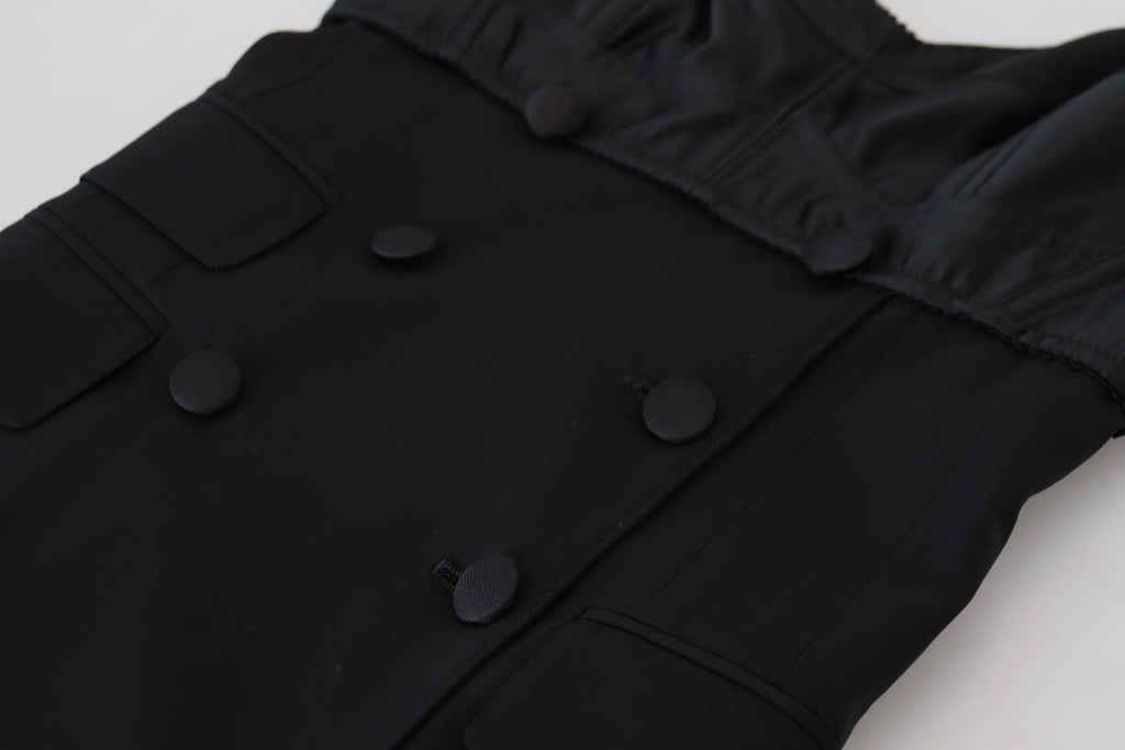 Dolce & Gabbana black fit wool stretch sheath mini dress displayed on a hanger with a sleek design and tailored fit.