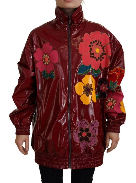 Dolce & Gabbana Maroon Floral Full Zip Polyester Women Jacket Dolce & Gabbana