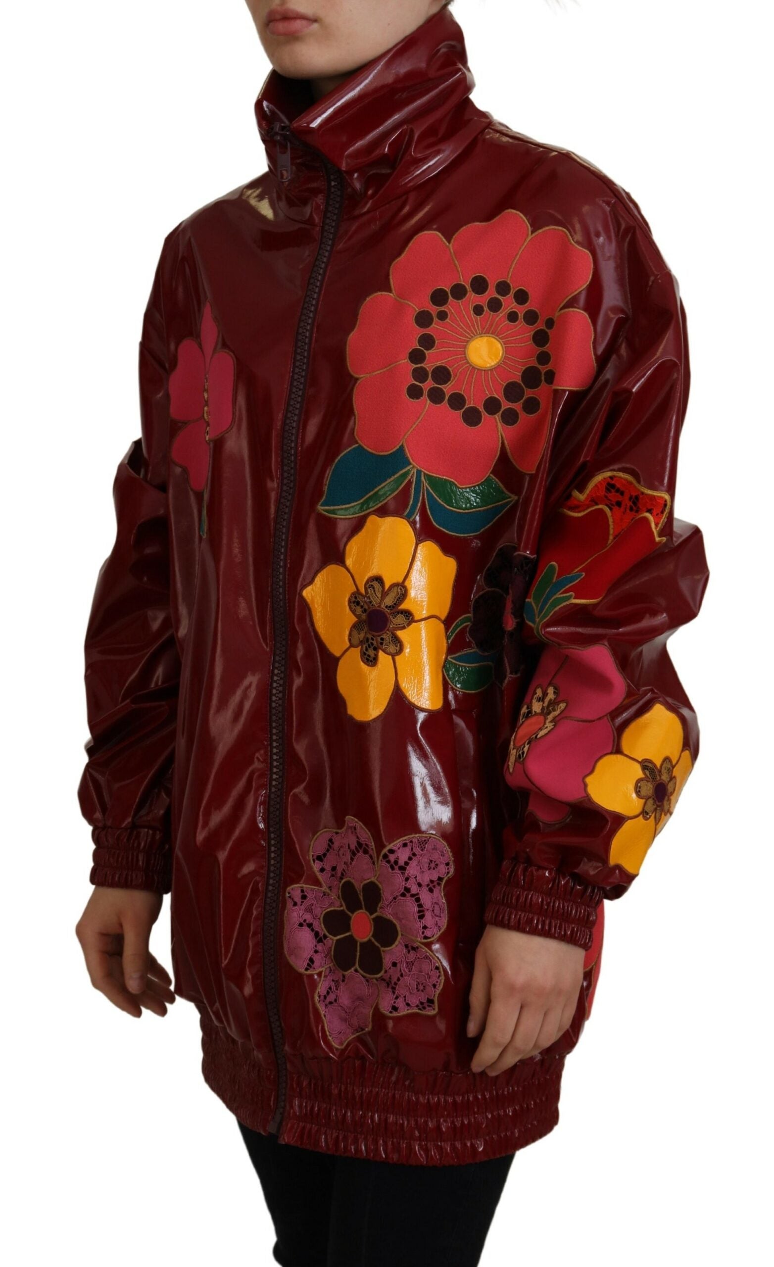 Dolce & Gabbana Maroon Floral Full Zip Polyester Women Jacket Dolce & Gabbana
