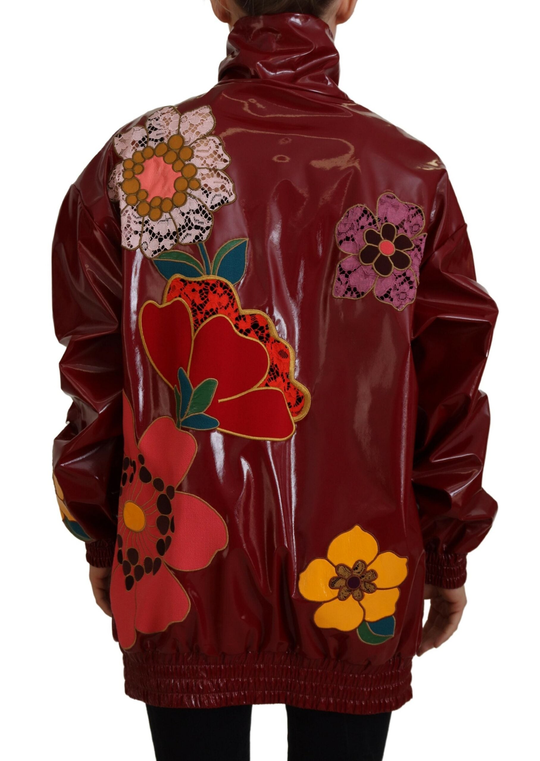 Dolce & Gabbana Maroon Floral Full Zip Polyester Women Jacket Dolce & Gabbana