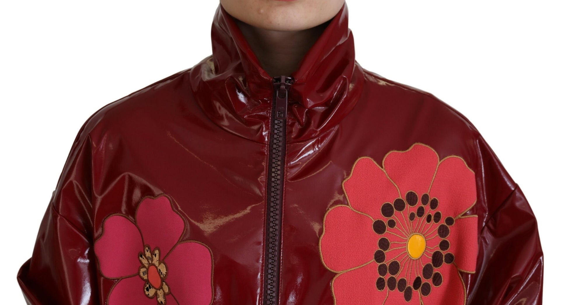Dolce & Gabbana Maroon Floral Full Zip Polyester Women Jacket Dolce & Gabbana