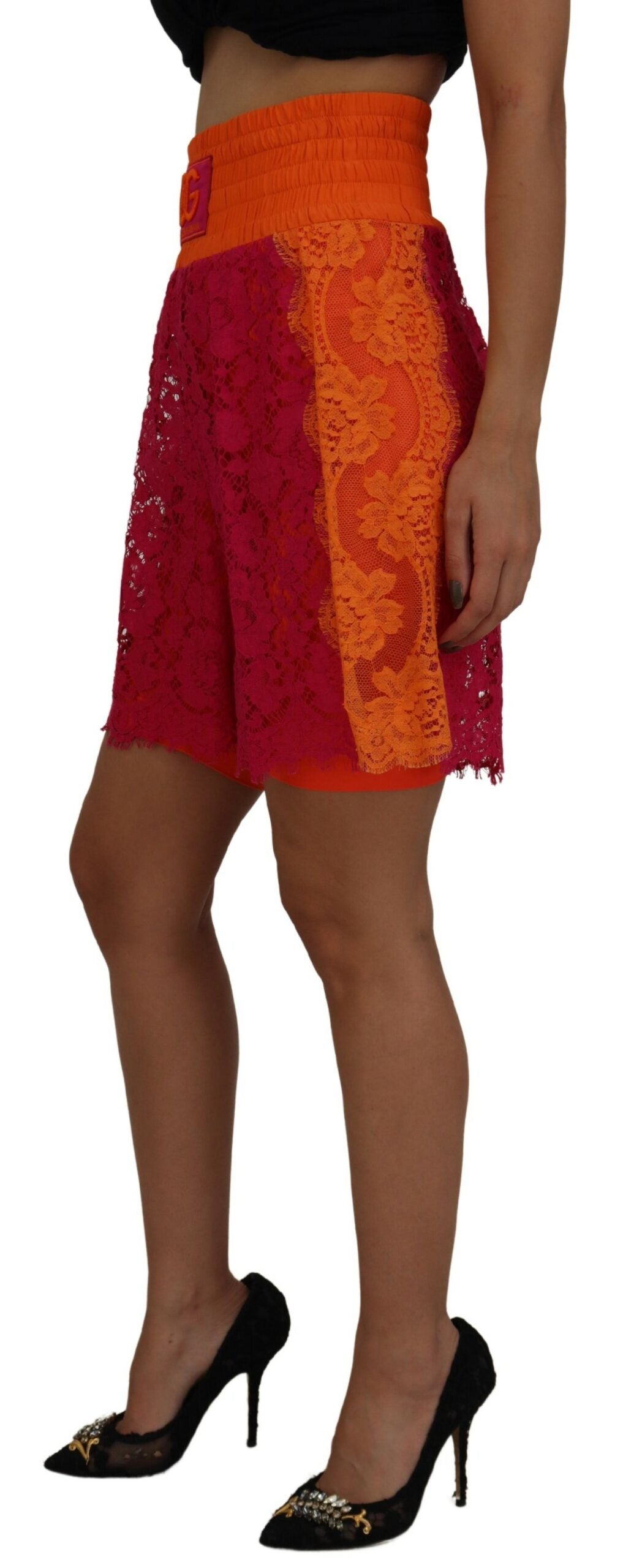 Dolce & Gabbana Pink Orange Lace Cotton High Waist Shorts Dolce & Gabbana