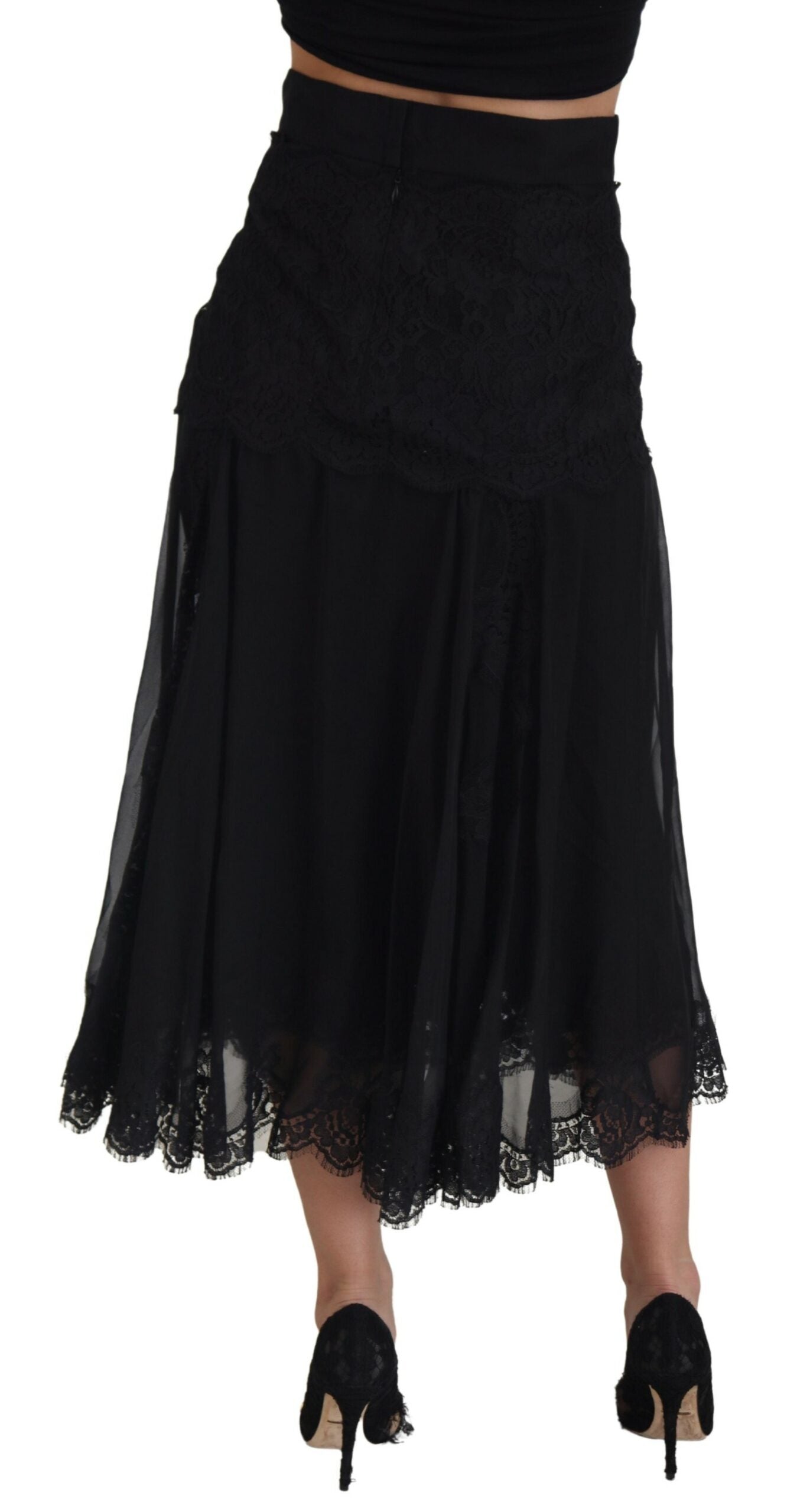 Dolce & Gabbana Black Silk Lace Trim High Waist Midi Skirt Dolce & Gabbana