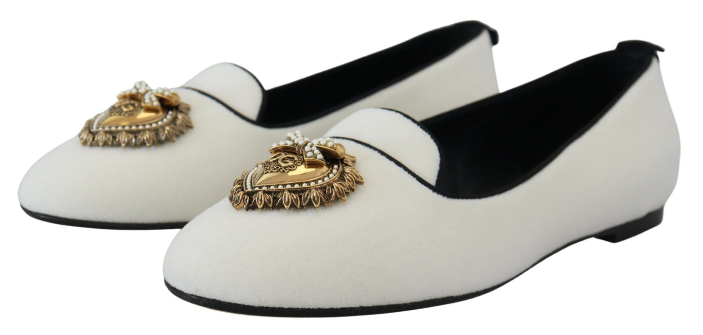 Dolce & Gabbana White Velvet Slip Ons Loafers Flats Shoes Dolce & Gabbana