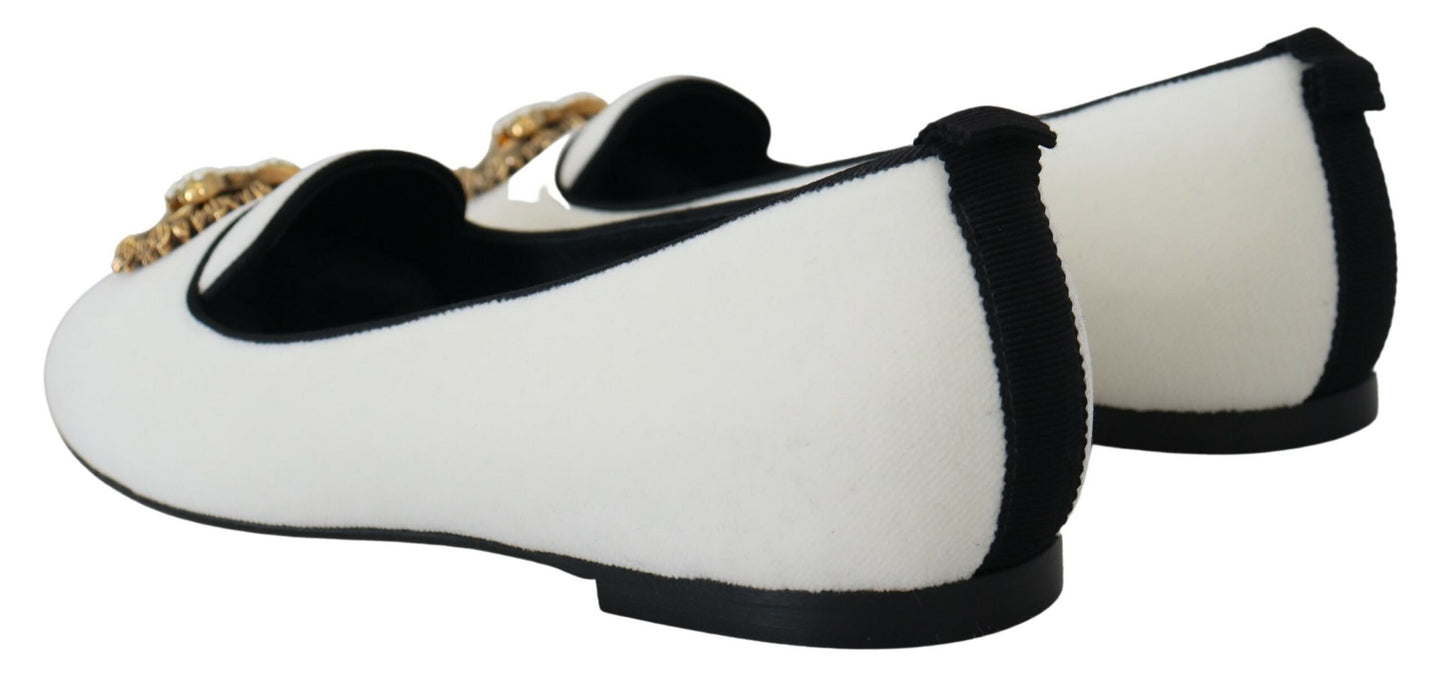 Dolce & Gabbana White Velvet Slip Ons Loafers Flats Shoes Dolce & Gabbana