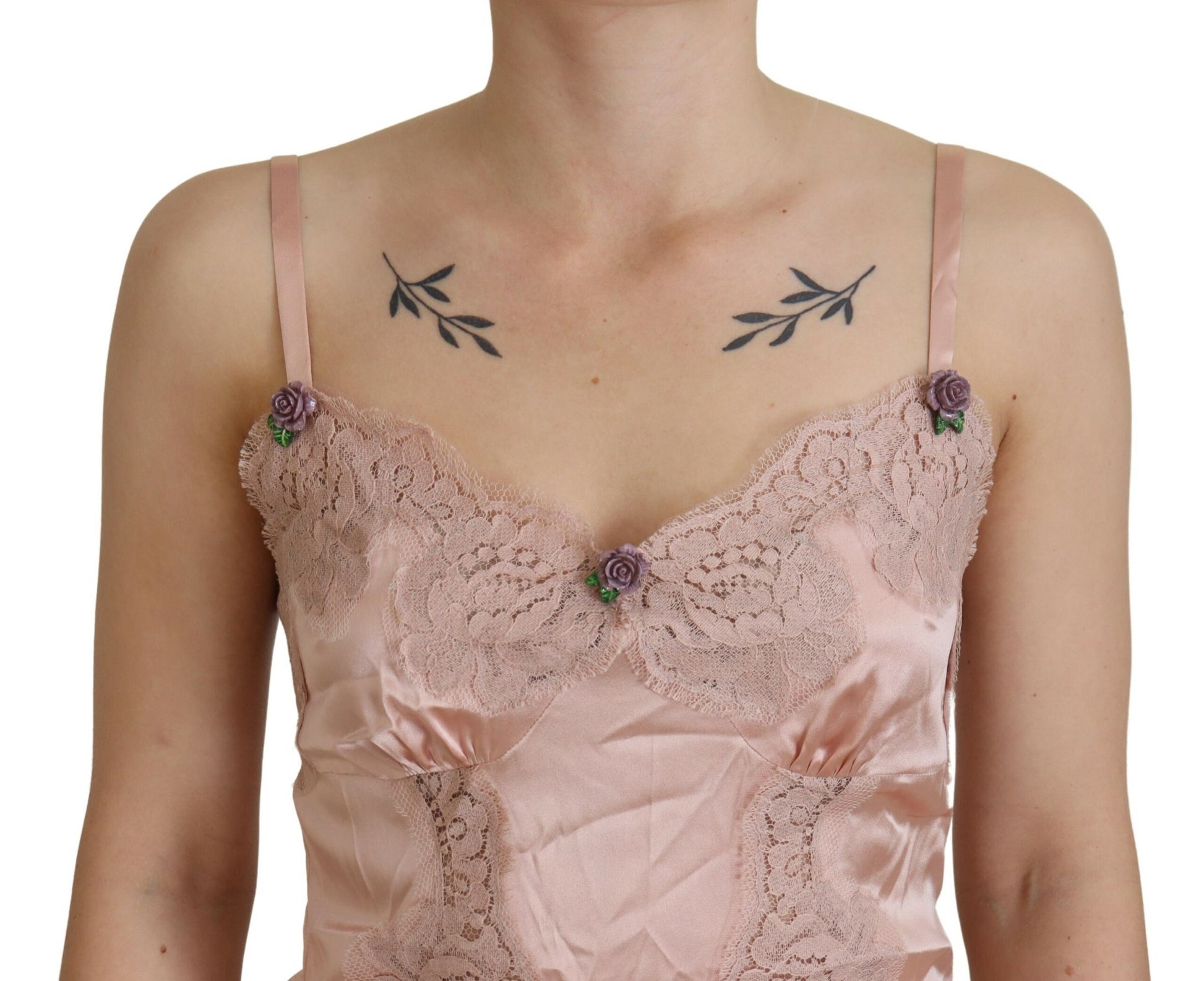 Dolce & Gabbana Pink Satin Lace Roses Tank Top Lingerie Dolce & Gabbana