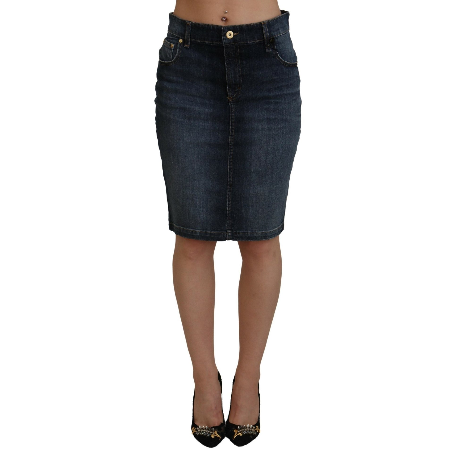 Fiorucci Dark Blue Washed Mid Waist Pencil Cut Denim Skirt