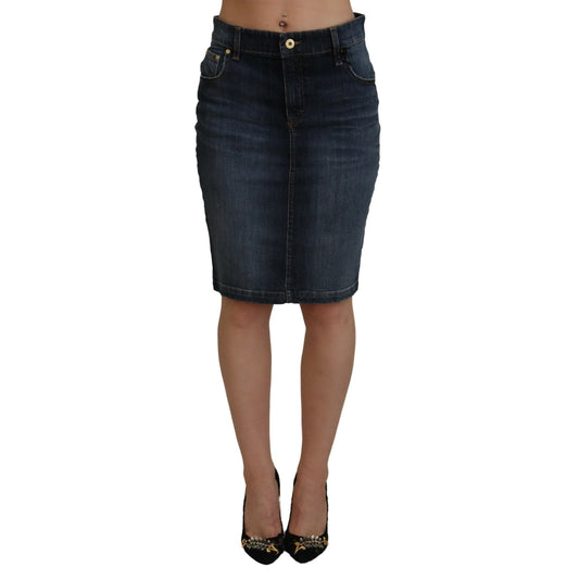 Fiorucci Dark Blue Washed Mid Waist Pencil Cut Denim Skirt