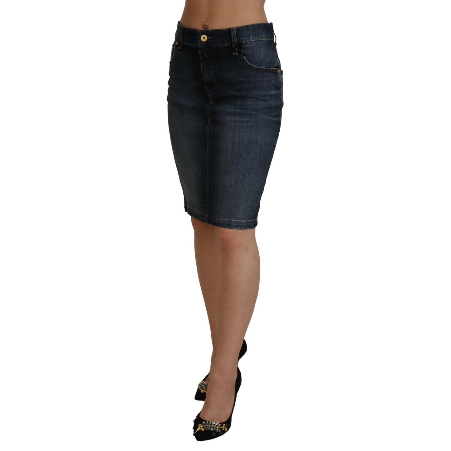Fiorucci Dark Blue Washed Mid Waist Pencil Cut Denim Skirt