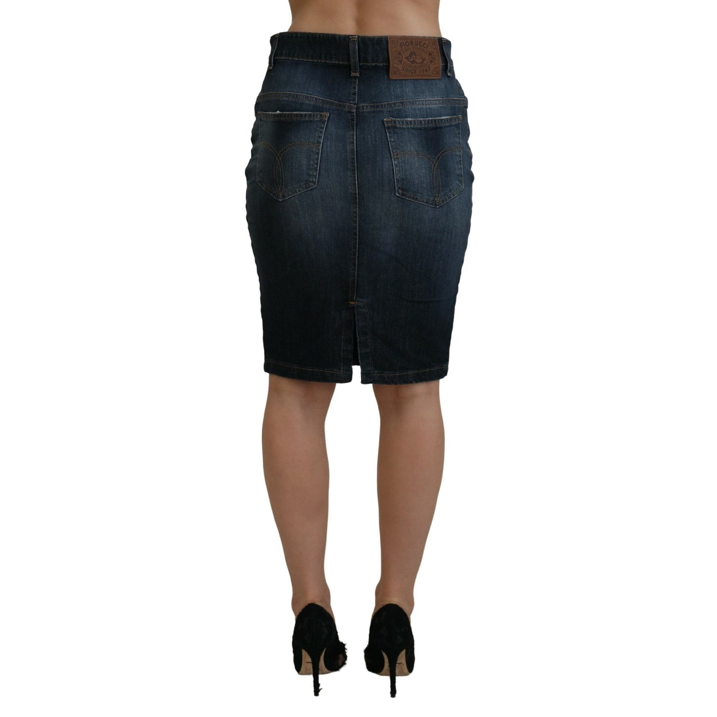 Fiorucci Dark Blue Washed Mid Waist Pencil Cut Denim Skirt