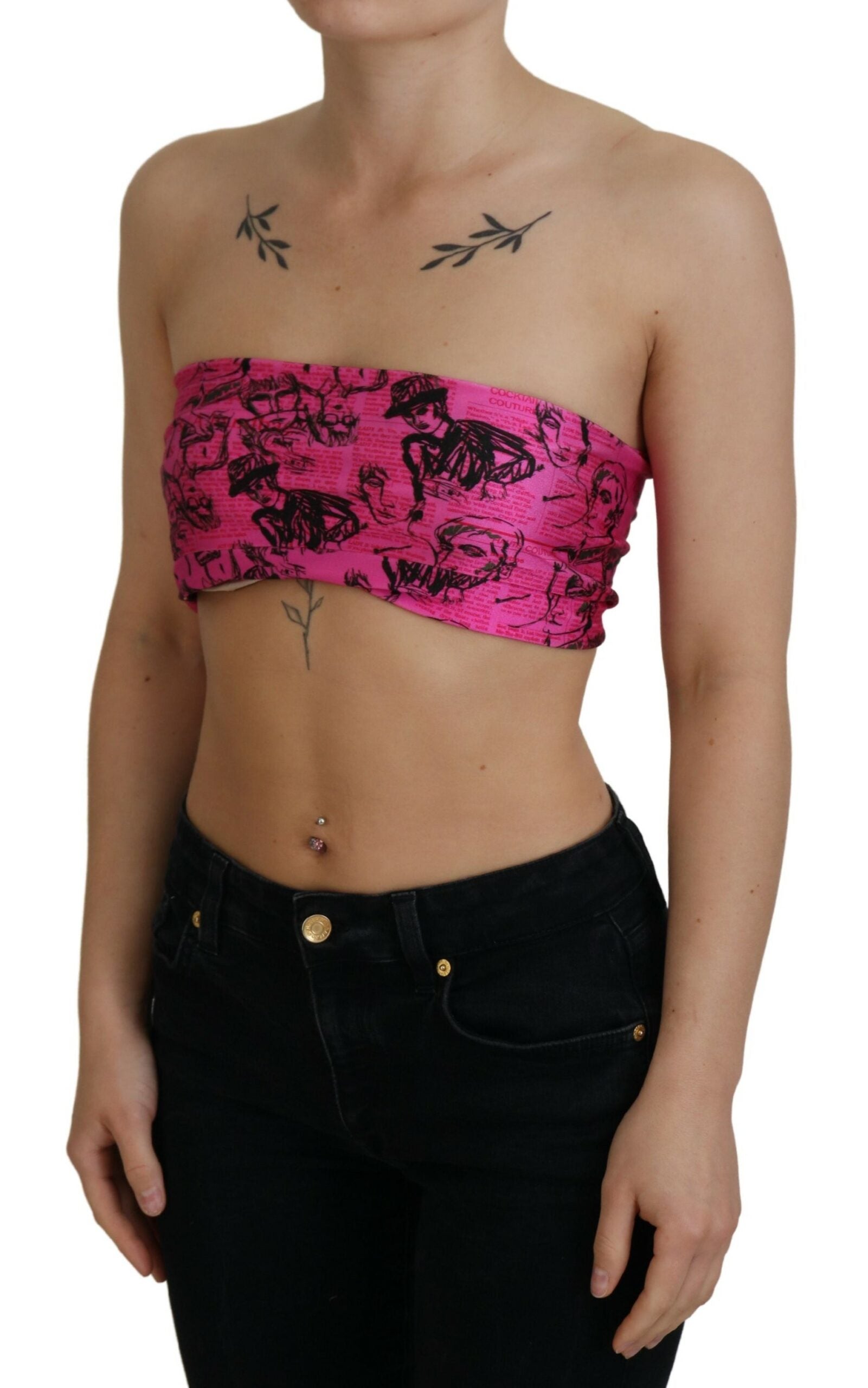 John Galliano Pink Newspaper Print Bra Cropped Blouse John Galliano