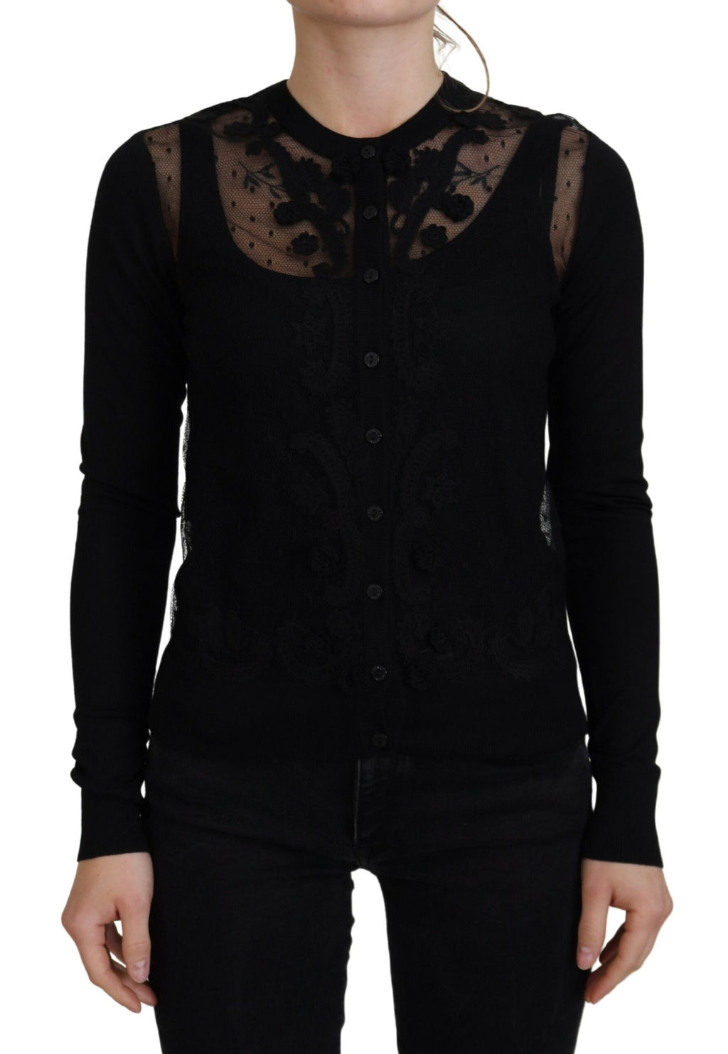 Dolce & Gabbana black floral lace button cardigan sweater with intricate lace details and front buttons.